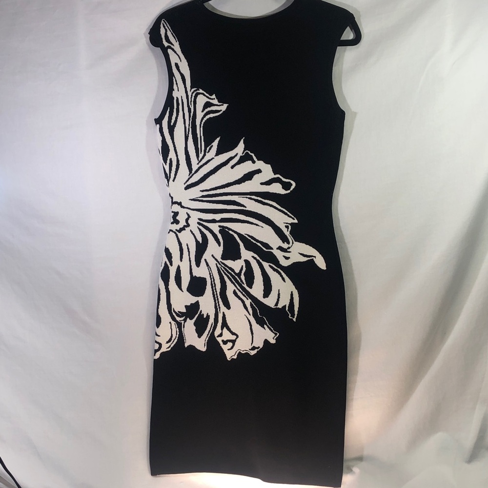 Calvin Klein NWOT White Floral on Black Knit Dress, Size Small - Picture 3 of 6